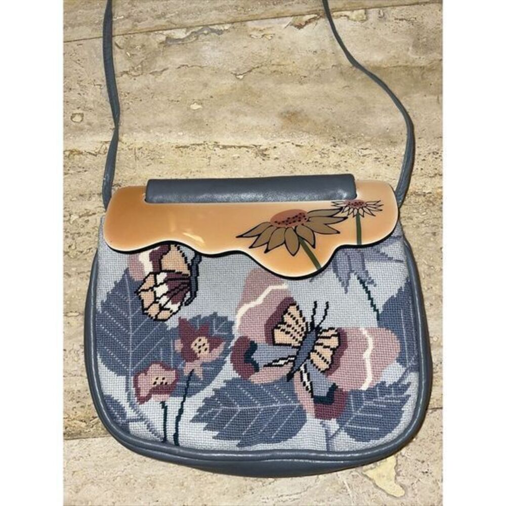 Patricia Smith Moon Leather Bag Butterfly Daisy Needlepoint Handpainted 1980 - Picture 2 of 10